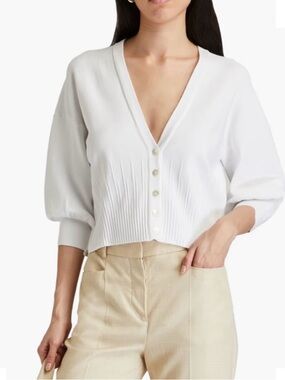 Autumn Cashmere White Cropped Rib Knit Cardigan Balloon Sleeve Size L